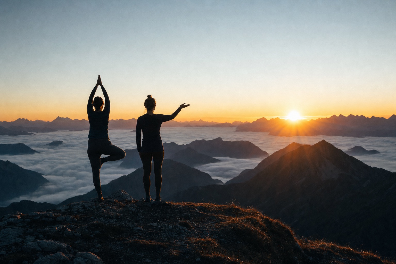 At dawn, two teachers stand as silhouettes on an alpine summit, one gesturing toward the rising sun.