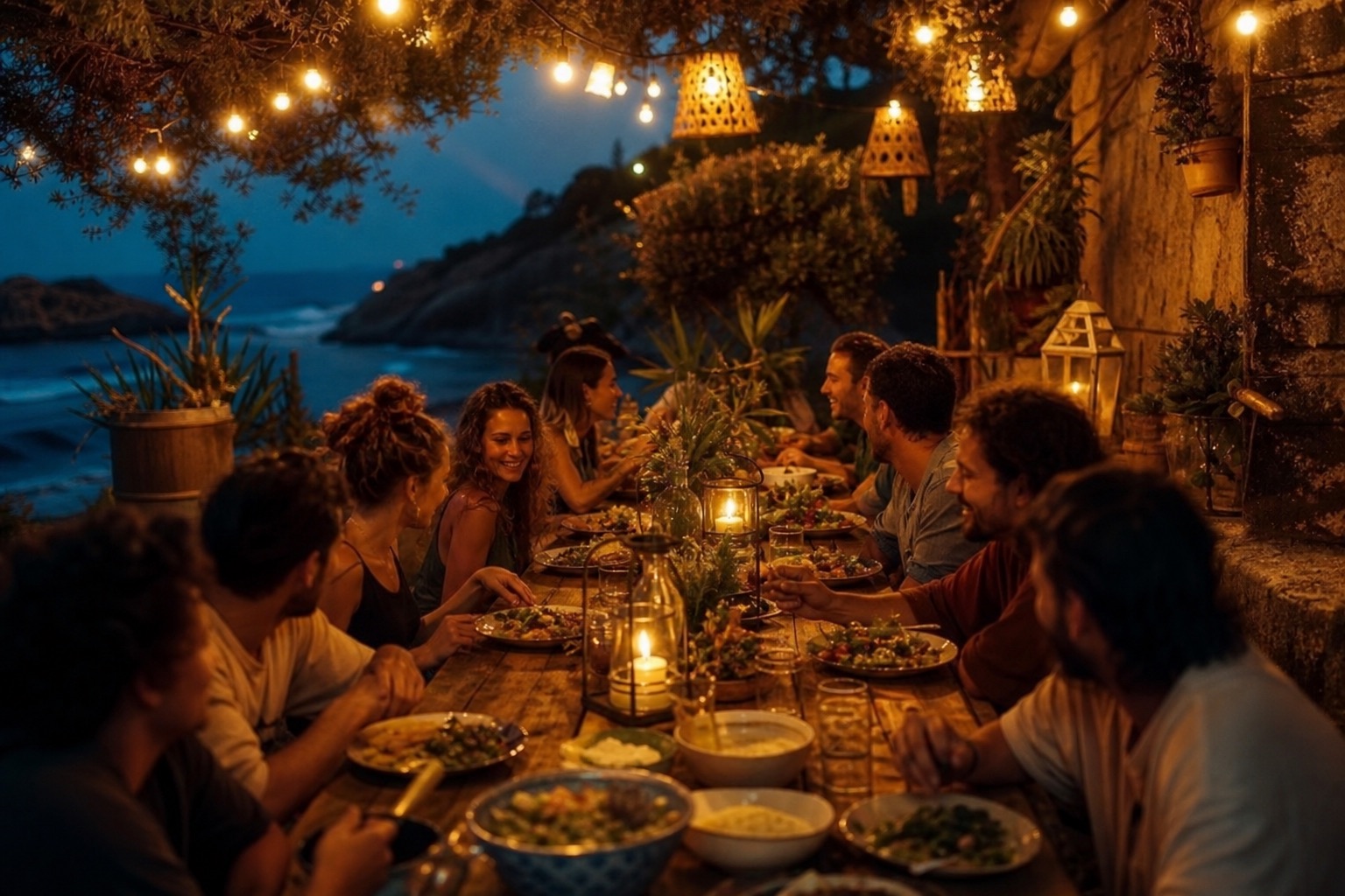 A long table outdoors under warm string lights, a diverse group sharing a meal and laughter at dusk.