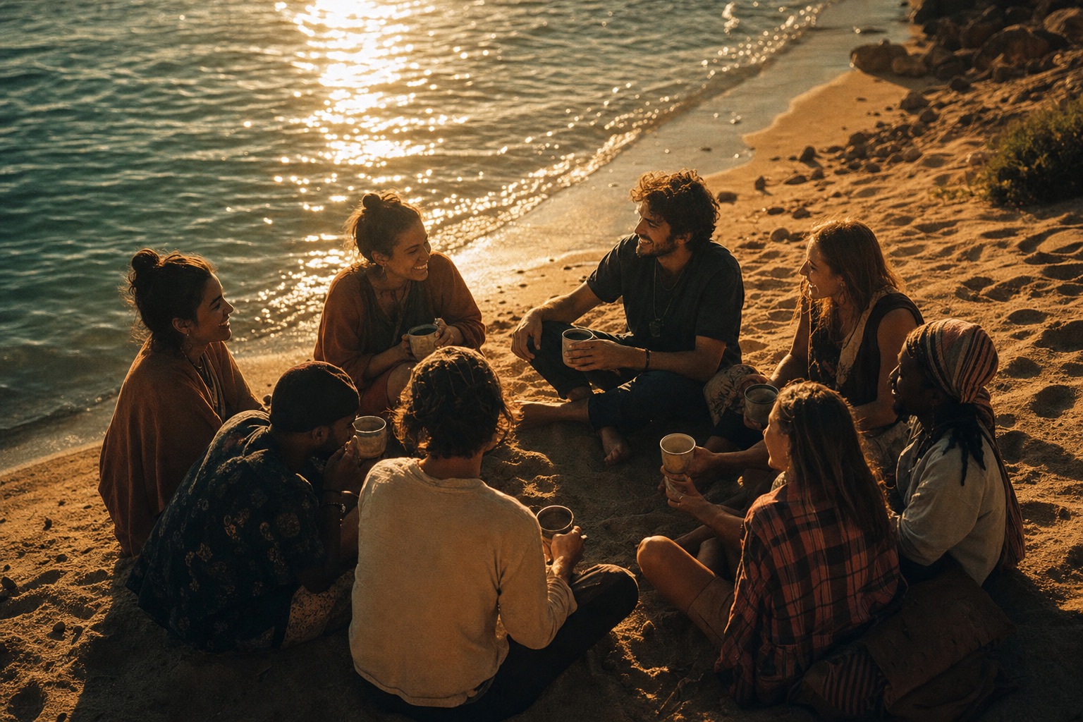 At sunset, a circle of travellers sit together on a beach, laughing, cups in hand.