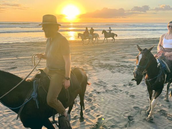 Horseback riding along the beach at sunset.