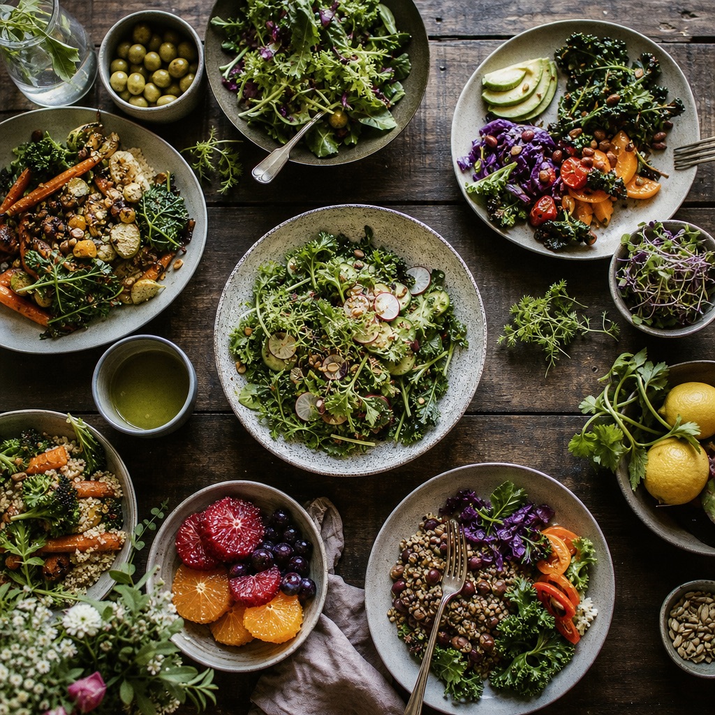 An overhead spread of fresh, healthy, locally sourced dishes on a rustic table.