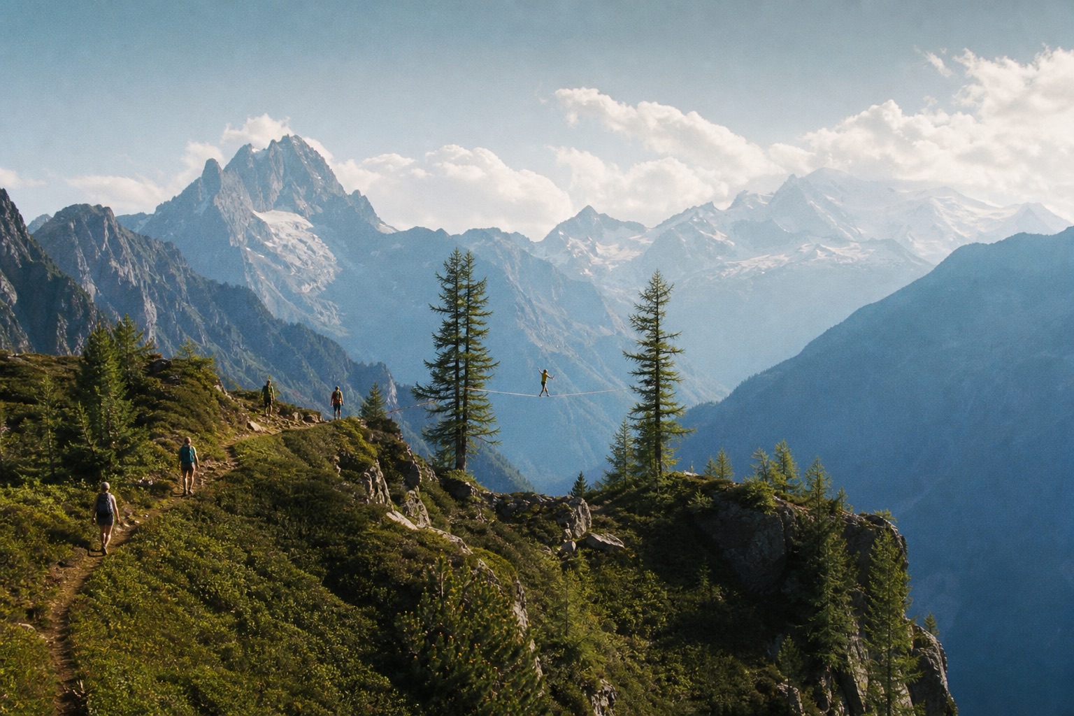 Hikers on a high alpine trail, the valley opening up beyond them.
