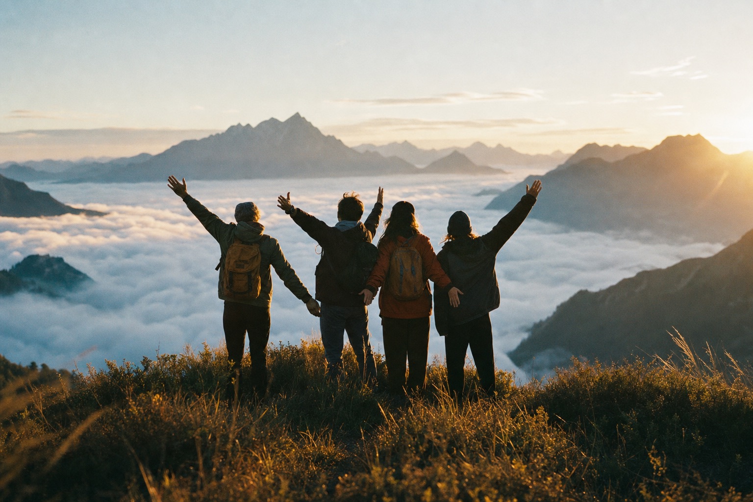Four travellers stand on a grassy alpine summit at sunrise, arms raised above a sea of cloud, peaks beyond.