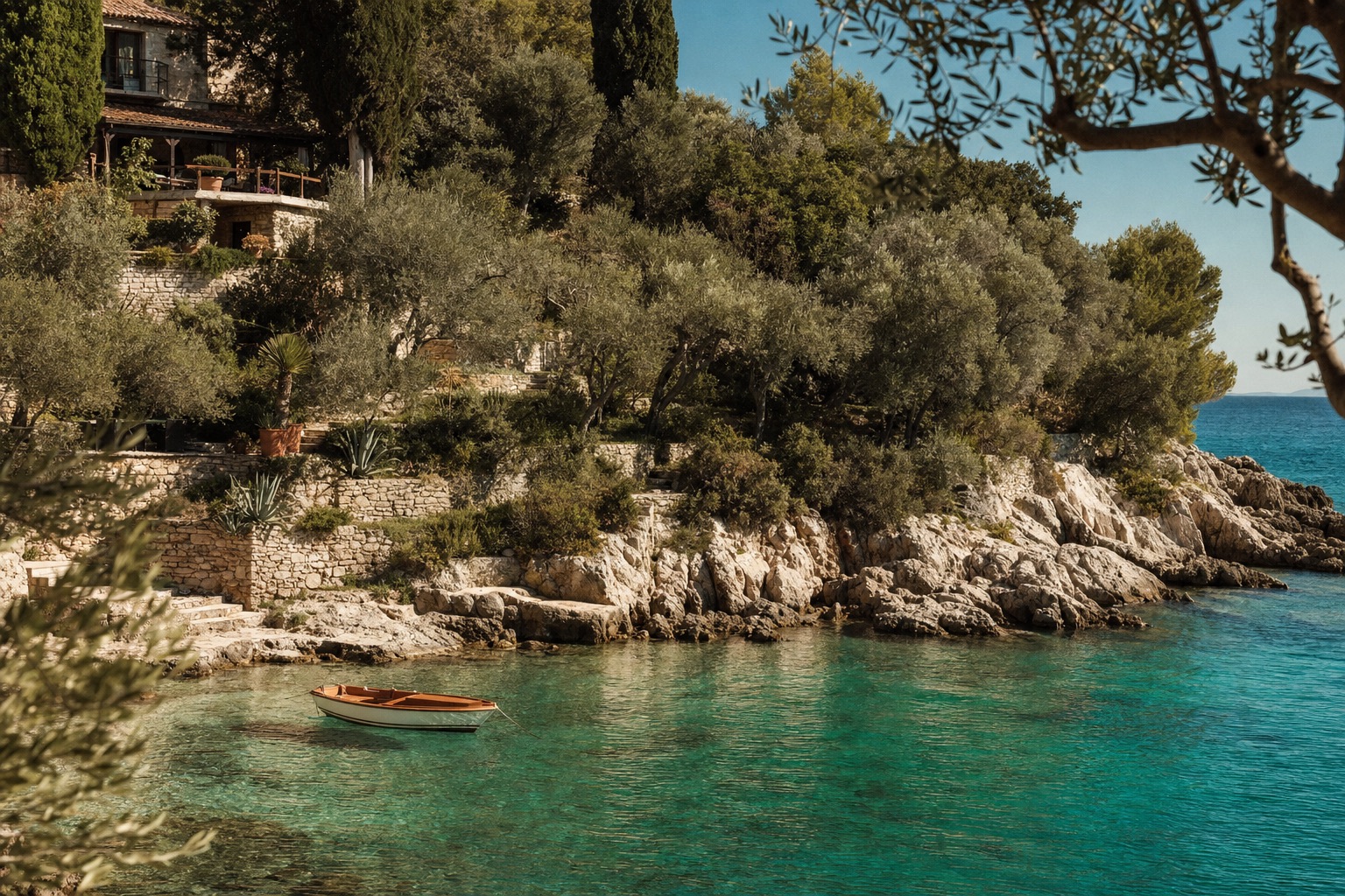 A hidden Adriatic cove in Istria, Croatia, with crystal-clear turquoise water, pale limestone and silvery olive trees.