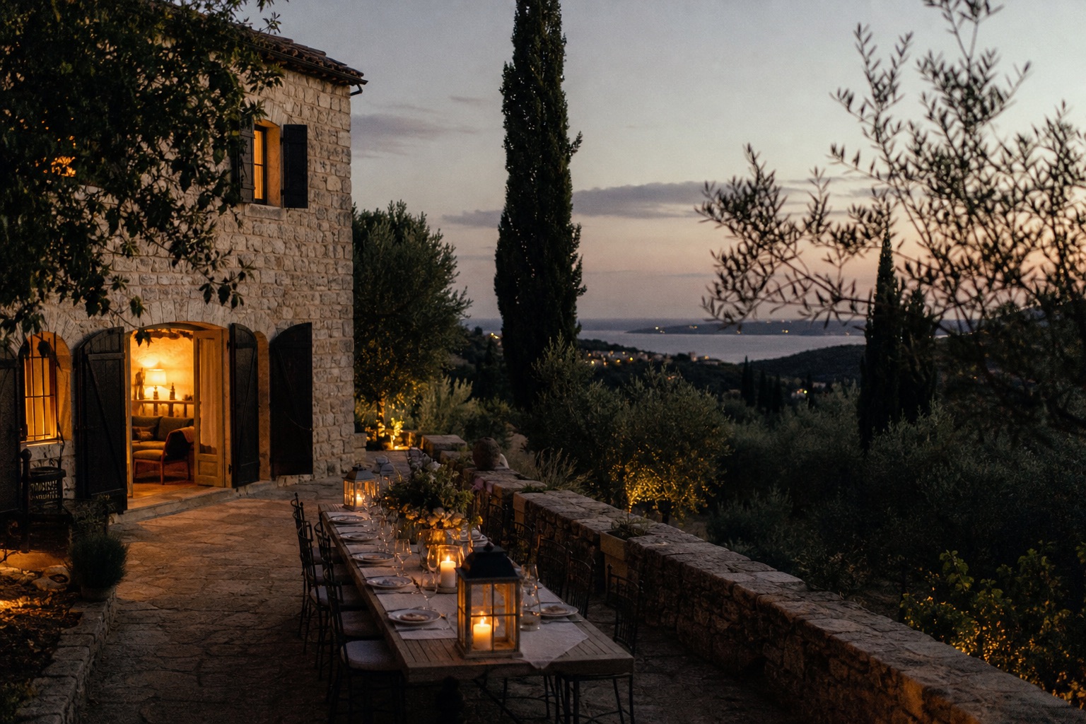 A villa terrace among olive trees at dusk, lanterns lit, the Adriatic beyond.