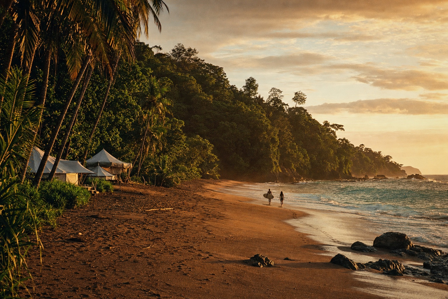 Golden-hour beach on the Pacific coast of the Nicoya Peninsula, Costa Rica, where green jungle meets turquoise surf.