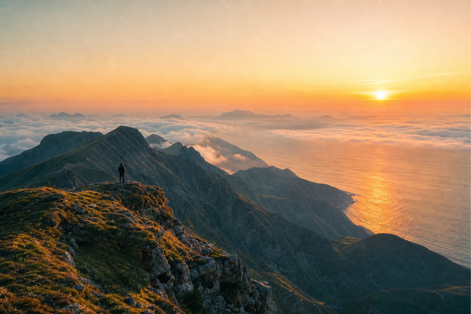 A lone figure on a clifftop at sunrise, overlooking layered mountains and a glowing sea of cloud.