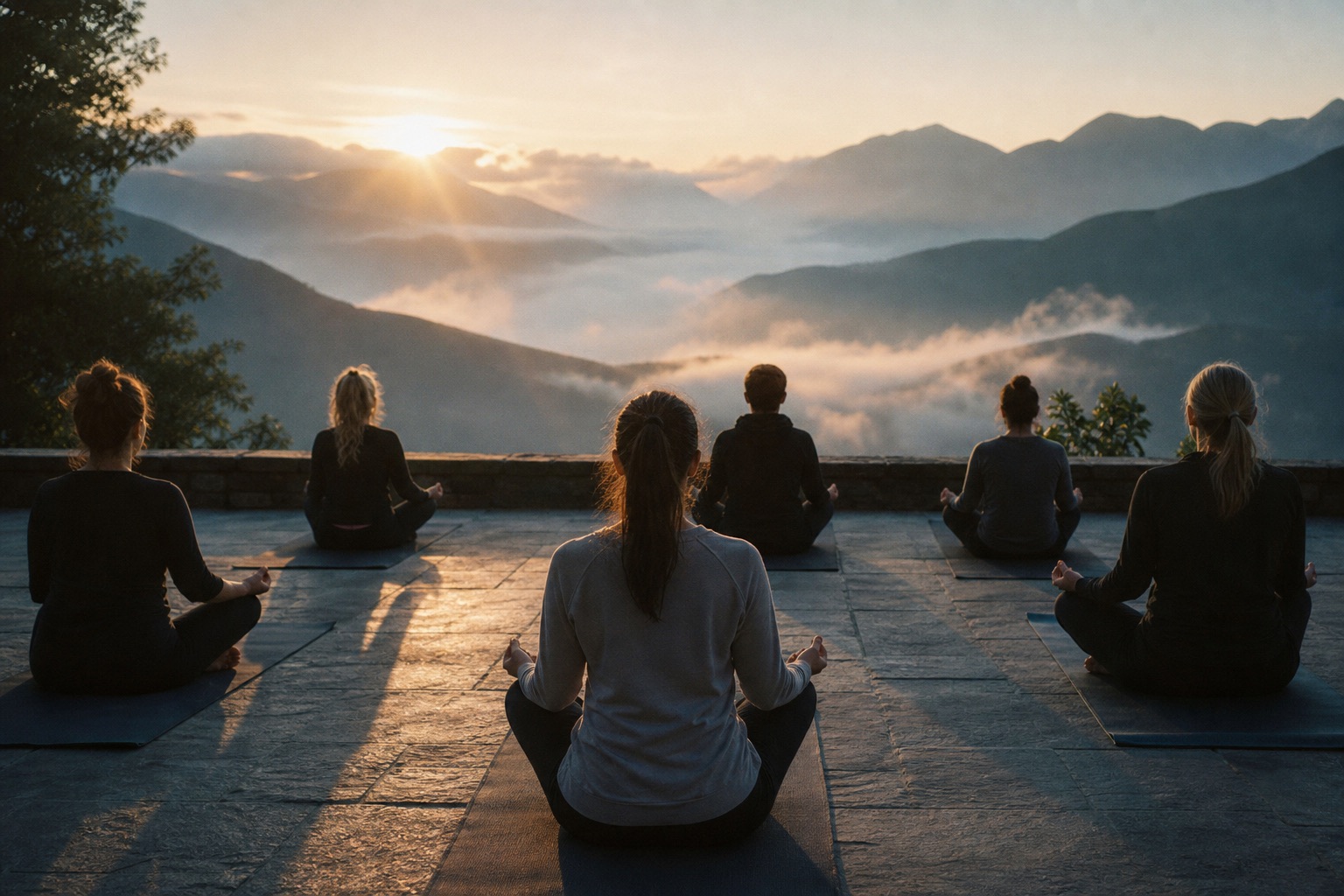 Open-air yoga on a sunlit terrace, mountains beyond.